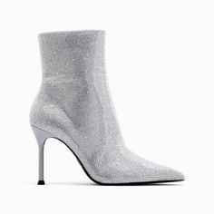 Genuine Zara New With Tag Material: Polyester Color: Silver Super Glamorous Satin Effect Fabric Upper Ankle Boots With Rhinestones. Size Zip Closure. Bling Bling Looks So Good On The Feet! Euro Size 37 Luxury Zara Party Boots, Elegant Embellished Ankle-high Heels, Elegant High Ankle Boots For Party, Sparkling High Heel Evening Boots, Elegant Sparkling Boots For Fall, Glamorous High Heels For Winter, Glamorous High Heel Winter Heels, Sparkling Pointed Toe Winter Boots, Evening Winter Boots With Ankle Strap