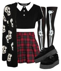 Skull Cardigan Outfit, Skeleton Tights, Cute Goth Outfits, Black Creepers, Mode Harajuku, Cute Emo Outfits, Gothic Mode, Pastel Goth Outfits, Skirt Sweater