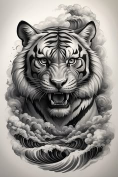 a tiger with its mouth open and clouds in the air behind it, on a white background