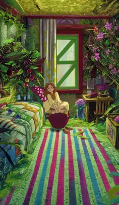 a woman sitting on top of a bed in a room filled with plants and flowers