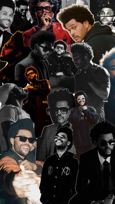 the collage shows many different people in black and white outfits, with one man wearing sunglasses