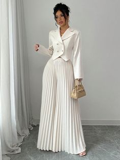 2pcs Set: Women Elegant Cinched Waist Double-Breasted Jacket And Wide-Leg Pleated Pants Beige Elegant  Long Sleeve Fabric Plain  Non-Stretch  Women Clothing, size features are:Bust: ,Length: ,Sleeve Length: Korean Clothing Brands, Moda Over 50, Commuter Style, Racing Fashion, Chic Dress Classy, White Suit, Pleated Pants, Fashion Over 50, Classy Women