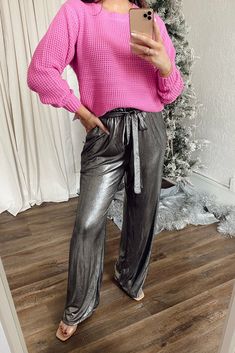 Monty Metallic High Waist Pants Silver Pants Outfit, Metallic Silver Pants, Pants For Winter, Silver Pants, Ruched Midi Skirt, Metallic Pants, Waffle Knit Sweater, High Waist Pants, Comfy Sweaters