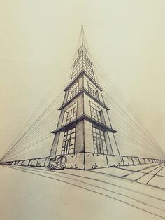 a drawing of a tall building with a clock on it's front and side