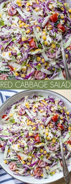 red cabbage salad with corn and tomatoes in a white bowl