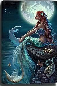 a painting of a mermaid sitting on a rock