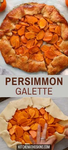 Learn how to make easy persimmon galette recipe with homemade pie crust made from scratch using Fuyu persimmon. If you are looking for ways to bake with persimmons, this persimmon recipe makes a great Thanksgiving or Christmas dessert for a crowd or for fall. Get the homemade fruit galette with persimmon at kitchenathoskins.com. Recipes Using Persimmons, Fuyu Persimmon Recipes, Persimmon Galette, Christmas Dessert For A Crowd, Fruit Galette, Fuyu Persimmon, Honey Walnuts, Persimmon Bread, Melted Brie