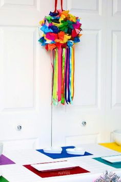 the table is decorated with colorful streamers