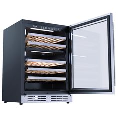 an open oven with food inside on a white background