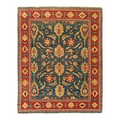 a green and red rug with an ornate design on the center, surrounded by smaller floral designs