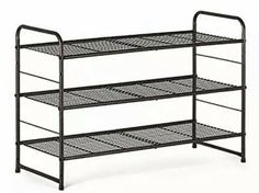 three tiered metal shelf with wheels on the bottom, and two shelves below it