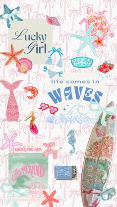 a surfboard and some stickers on a pink background with the words life comes in waves