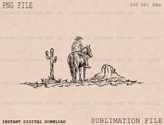 a drawing of a man riding on the back of a horse next to a cactus