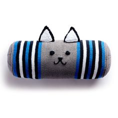 a gray cat stuffed animal with blue and white stripes