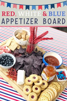 red, white and blue appetizer board with snacks