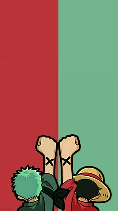 two cartoon characters with their arms up in front of a red, green and blue background