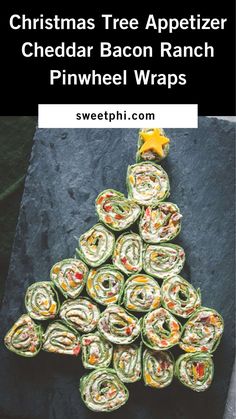 christmas tree appetizer with bacon ranch pinwheel wraps in the shape of a christmas tree