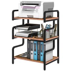 three tiered shelving unit with printer and office supplies