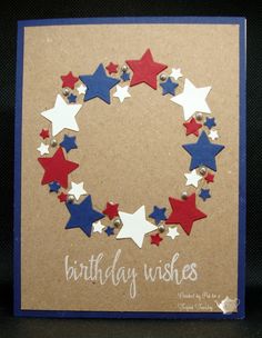 a birthday card with red, white and blue stars in the shape of a wreath