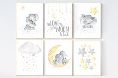 a set of four cards with teddy bears and stars on them, each featuring the words love you to the moon and back