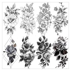 a bunch of flowers that are on top of a white sheet with some black and white ink