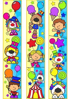 two bookmarks with cartoon characters on them and balloons in the sky behind them, one has