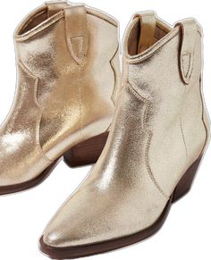 Metallic Ankle Boots For Fall, Metallic Pointed Toe Boots For Fall, Fall Metallic Pointed Toe Heeled Boots, Fall Metallic Heeled Boots With Pointed Toe, Western Style Gold Heeled Boots, Western Gold Heeled Boots, Stacked Heel Pointed Toe Boots For Western-themed Events, Metallic Leather Heeled Boots With Pointed Toe, Chic Metallic Heeled Boots For Fall