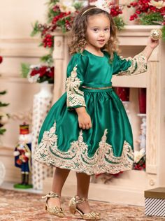 Girls Satin Dress with Gold Embroidery Holiday Princess Dress Green Embroidered Dress For Dress-up, Embellished Long Sleeve Dress For Dress-up, Green Embroidered Dress For Dress-up Occasions, Long Sleeve Embellished Dress, Festive Embroidered Dress For Dress-up Occasions, Festive Embroidered Dresses For Dress-up Occasions, Green Long Sleeve Dress For Dress-up, Embroidered Dresses For Festive Holiday, Embroidered Holiday Dresses For Festive Occasions