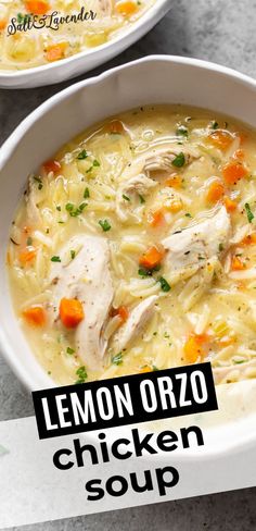 two bowls of lemon orzo chicken soup with the title overlay reads, lemon orzo chicken soup