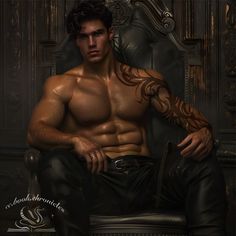 a shirtless man sitting in a chair with tattoos on his arms and chest, wearing black leather pants