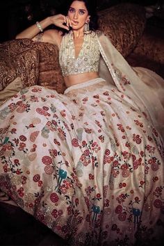 Blush pink attached cancan lehenga with aari, mirror embroidery in floral pattern. Paired with sleeveless embroidered padded blouse and dupatta. - Aza Fashions Raw Silk Embroidery, Cancan Lehenga, Aari Blouse, Zardozi Embroidery, Ivory Blouse, Padded Blouse, Silk Embroidery, Bridal Set, Bridal Lehenga