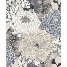 an abstract floral wallpaper with blue, white and gray flowers on grey grounding