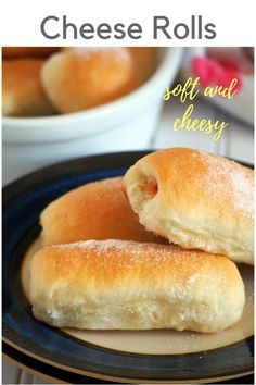 two pieces of bread on a plate with the words cheese rolls soft and cheesy