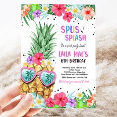 a pineapple birthday party with sunglasses and flowers on the front is featured in this image