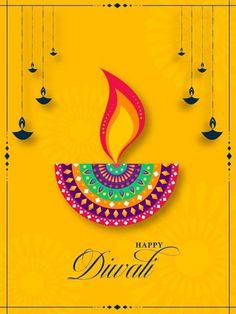 happy diwali greeting card with colorful lights and chandelier on yellow background