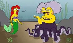 the simpsons character is sitting on an octopus and pointing at something in her hand as she looks