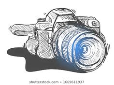 a drawing of a camera on a white background with blue light coming from the lens