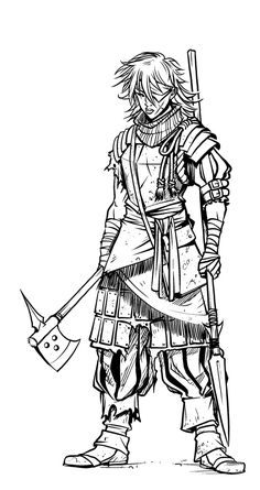 a black and white drawing of a man in armor holding an ax with one hand