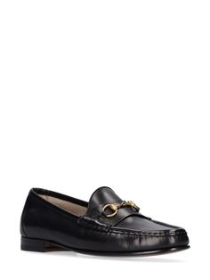 20mm Heel. Leather upper. Slip-on. Gold-colored metal detail Gucci Horsebit Loafers, Canvas Loafers, Gucci Loafers, Versace Brand, Gucci Horsebit, Loafer Slippers, Metal Detail, Gold Shoes, Heeled Loafers