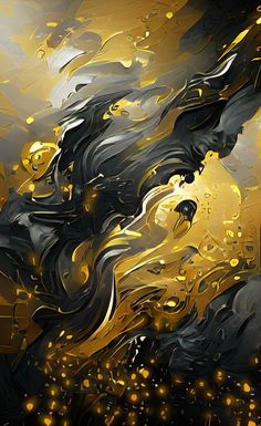 an abstract painting with gold and black colors