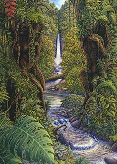 a painting of a waterfall in the middle of a forest with trees and plants around it