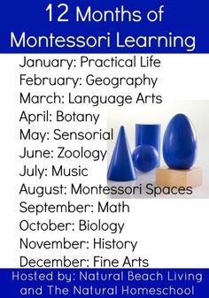 the 12 months of montessoi learning calendar with blue shapes and numbers on it