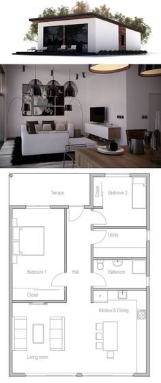 the floor plan for a modern house with an open concept and minimalist architecture,