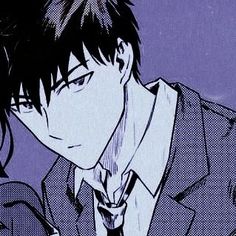 an anime character with black hair wearing a suit and tie, looking at his cell phone