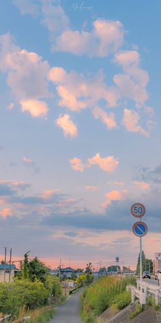 the sky is pink and blue with some clouds above it, as well as two street signs