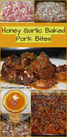 honey garlic baked pork bites recipe is shown in four different pictures with text overlay