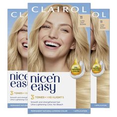 PRICES MAY VARY. Get permanent, silky, natural-looking hair color with Clairol Nice'n Easy 11 Ultra Light Blonde. Creates 3 salon tones and highlights in 1 simple step using Color Blend technology Covers 100% of grays with complementary highlights and lowlights for an authentic look Our breakthrough non-drip Color Care permanent cream has conditioners built into every step to make your hair soft and shiny One hair color application kit: ColorBlend Formula, ColorBlend Activator, CC Plus ColorSeal Dye Your Hair Blonde At Home, Blonde Temporary Hair Color, Best Hair Dye Box At Home Blonde, Toning Yellow Blonde Hair, Using 20 Developer To Lighten Hair, Yellow Blonde Color Correction, Highlights And Lowlights, Light Blonde Hair, Permanent Hair Dye