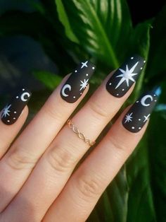 Server Nails, Witchy Nails Square, Astrology Nail Art, Astrology Nails, Nails Moon, Gell Nails, Stars Nails, Galaxy Nail, Star Nail Designs