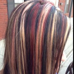 Highlight Color Ideas For Black Hair, Red Highlights Hair, Highlights Hair Ideas, Tri Color Hair, Deep Cherry Red Hair, Crimson Red Hair, Skunk Hair, Highlight Hair, Cherry Red Hair