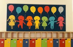 an image of children holding balloons in the air on a school room shelf with lockers